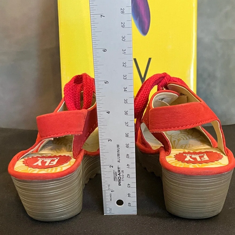 FLY LONDON Ylfa Red‎ Suede Lace Up Wedge Sandals Women Size 38